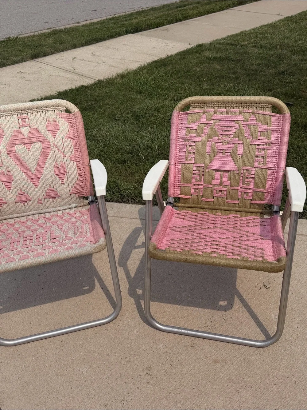 Vintage 1960s 70s Woven Aluminum Folding Lawn Chairs Pink Heart Pair  of Macrame
